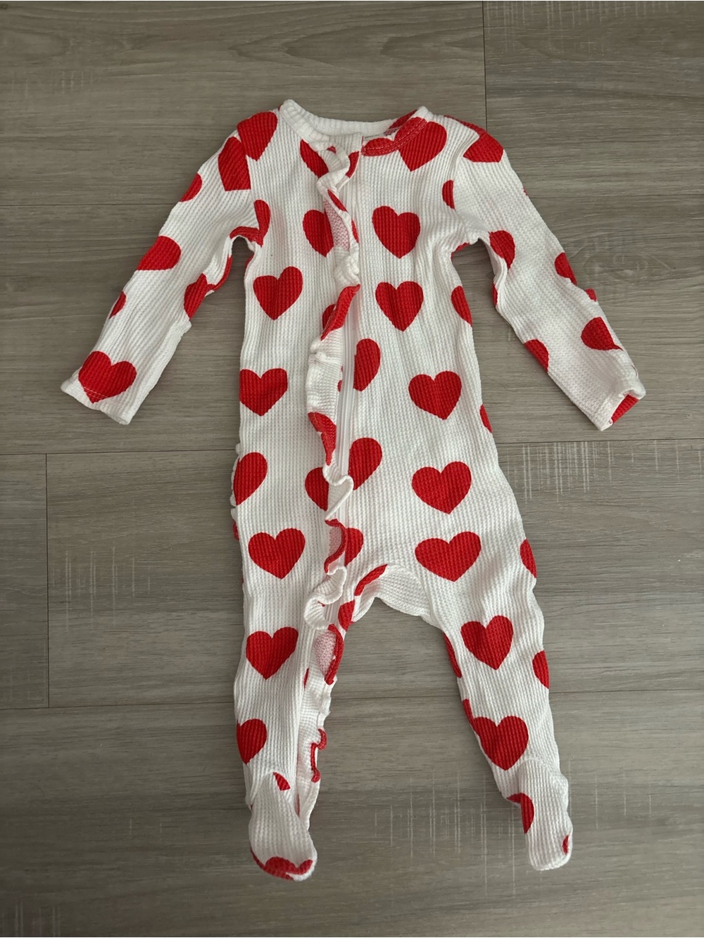 Spearmint Love Baby Waffle Ruffle cream Zipper Footies with Red Hearts